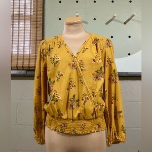 St. John's Bay Yellow Wrap Blouse with V-Neck and Billowy Sleeves